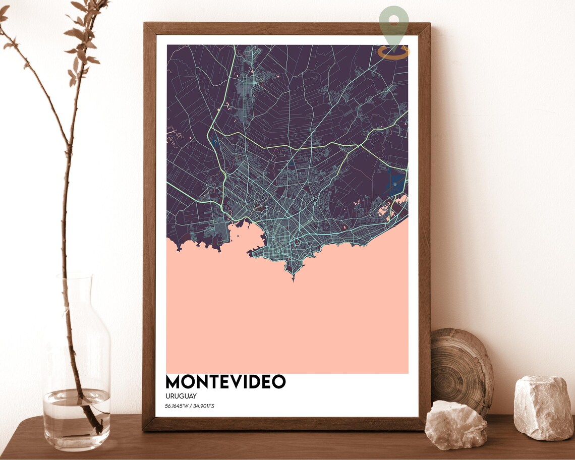 Montevideo Uruguay navy with a gold coastline Street Map Coordinates Poster - Image 3