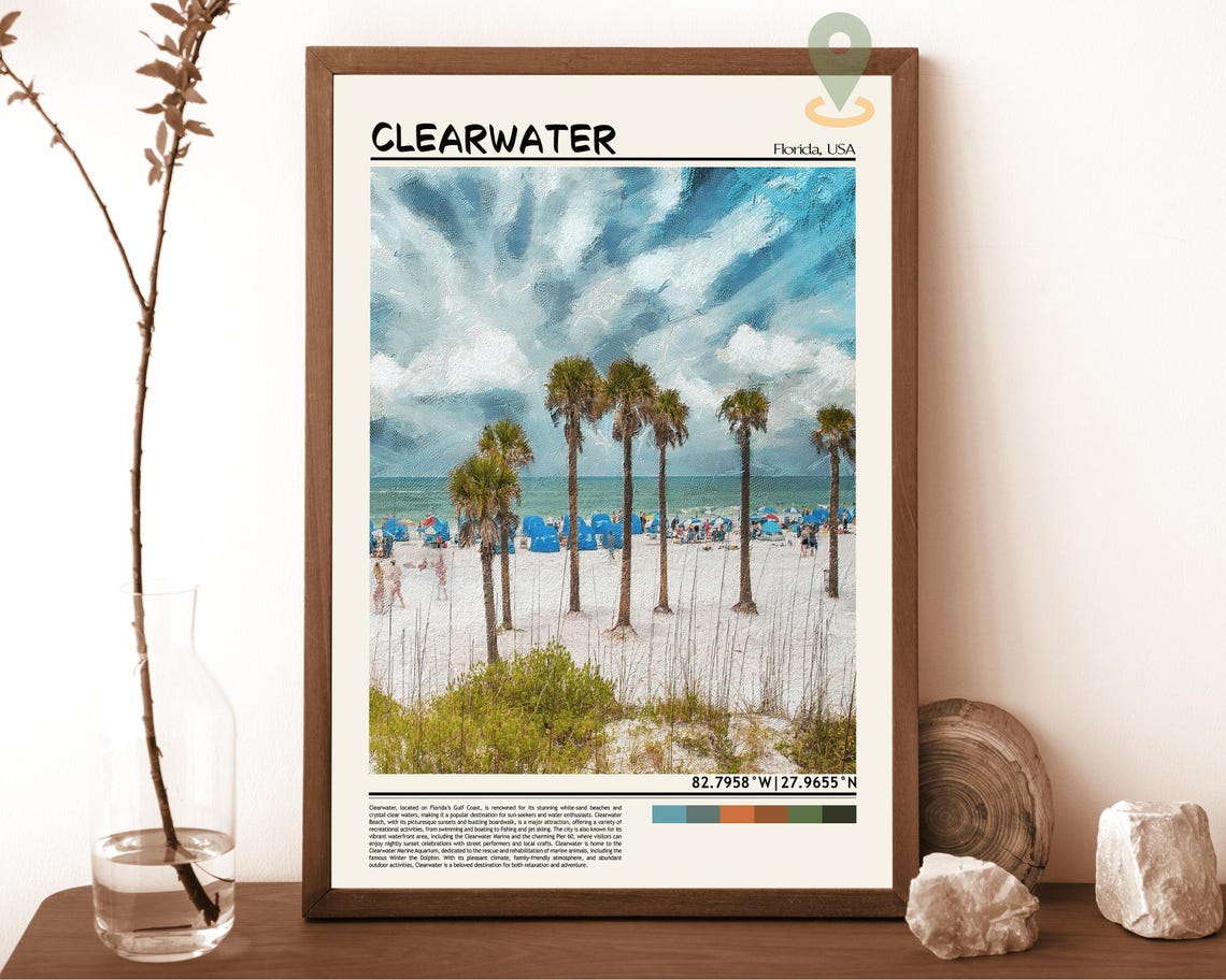 Clearwater Florida Palm Trees Beach Dunes Oil Painting Travel Poster
