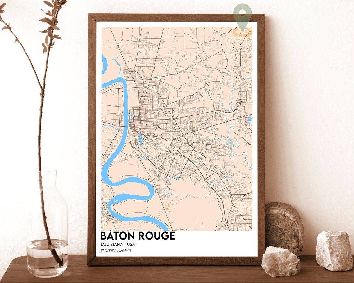 Baton Rouge Louisiana City Map Red Bold Mississippi River Map Poster - Image 5