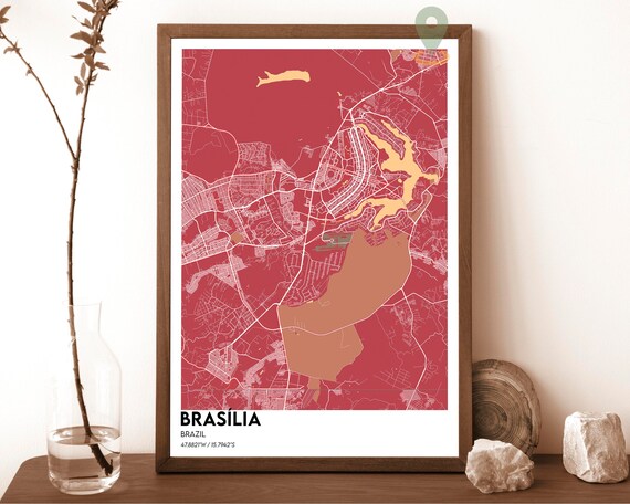 Brasilia Brazil Crimson Red Modern City Street Map Design Poster