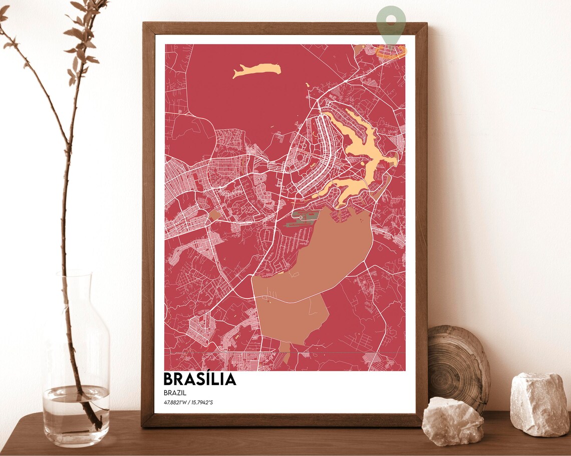 Brasilia Brazil Crimson Red Modern City Street Map Design Poster