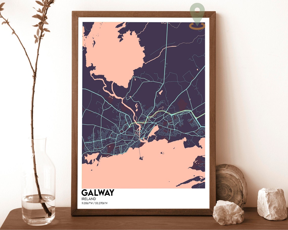 Galway Ireland Navy Yellow Land Water City Map Street Poster - Image 5