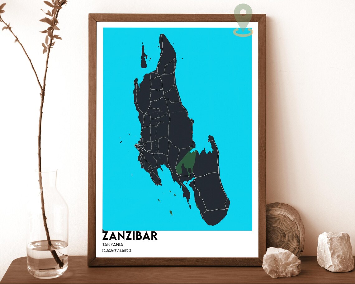 Zanzibar Tanzania Spice Island Dark Cyan Modern Map Art Poster