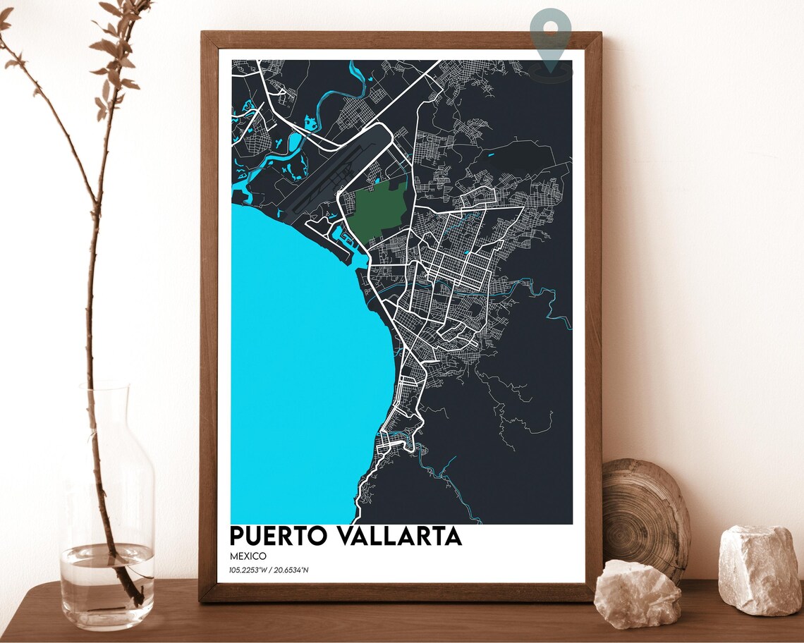 Puerto Vallarta Mexico Dark Cyan Coastal City Map Home Decor Poster Art
