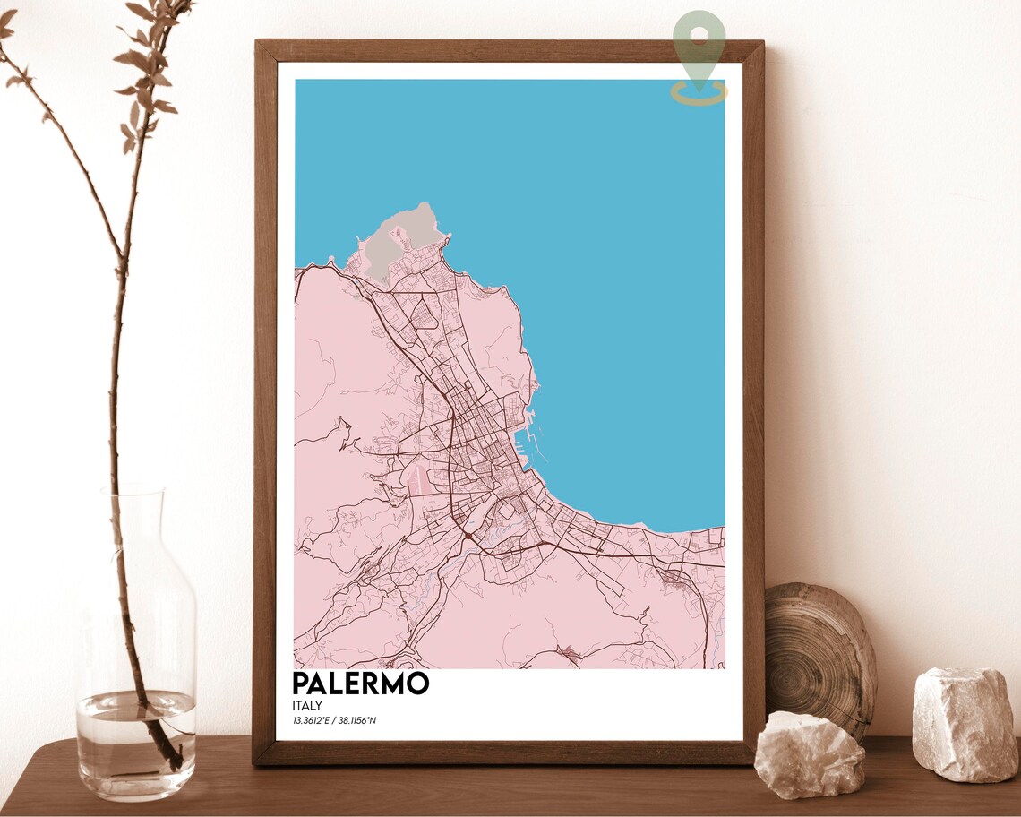 Palermo Italy Red Modern Minimalist City Map Street Grid Poster - Image 4