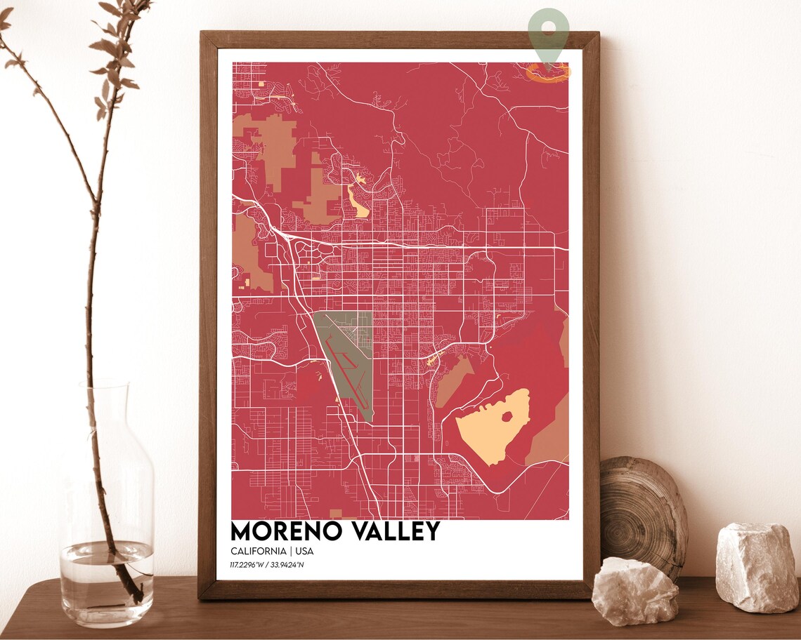 Moreno Valley California cream beige with brown streets Street Map Coordinates Poster - Image 4