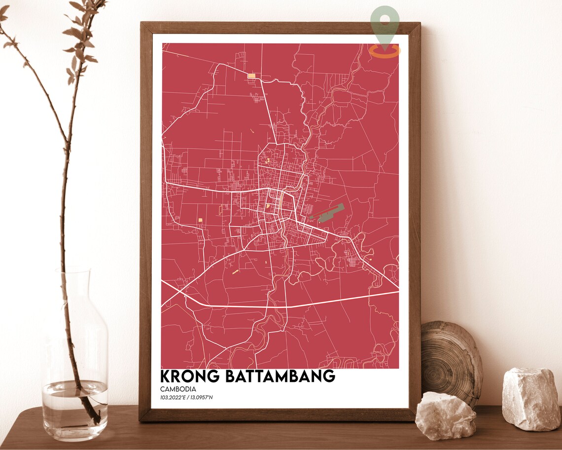 Krong Battambang Cambodia Red Bold Minimalist Street Map Poster