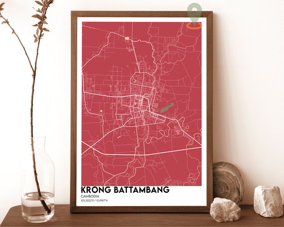 Krong Battambang Cambodia Red Bold Minimalist Street Map Poster