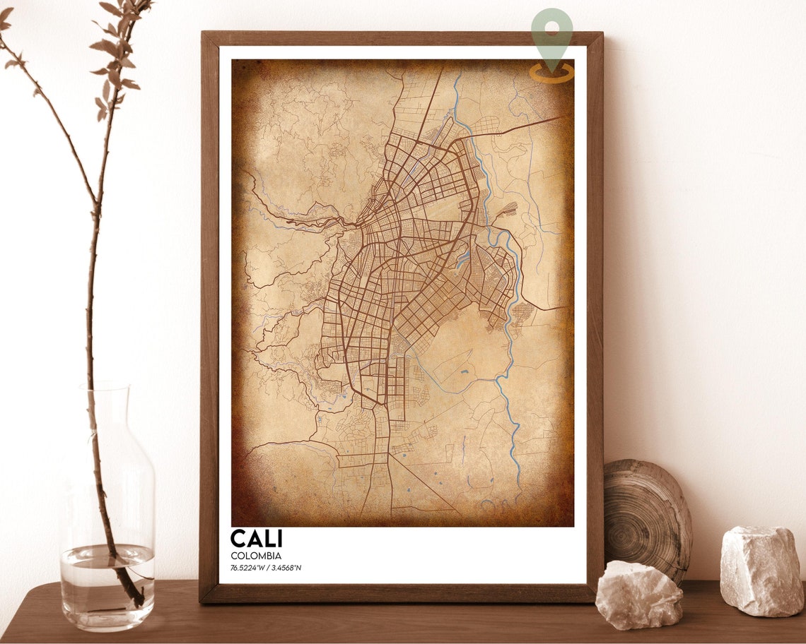 Cali Colombia Vintage Sepia City Map Art Poster Travel Decor