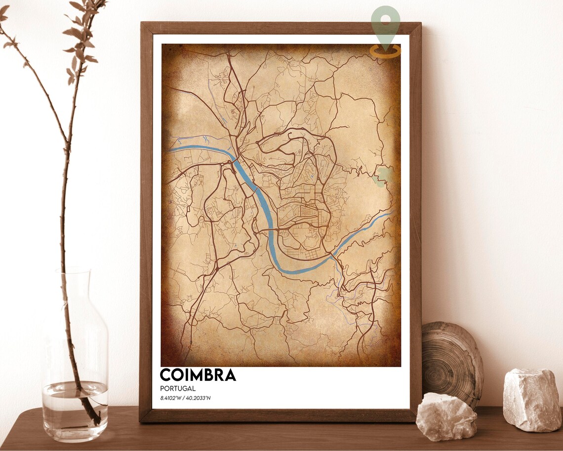 Coimbra Portugal Historic Dark Cyan River City Map Art Poster - Image 3