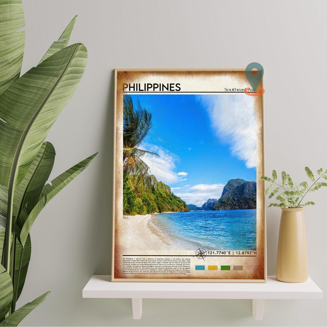 Philippines Tropical Beach Palm Trees Karst Cliffs Travel Poster - Image 4