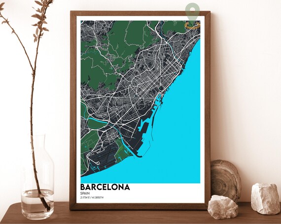 Barcelona Spain Dark Navy City Map Mediterranean Coast Poster