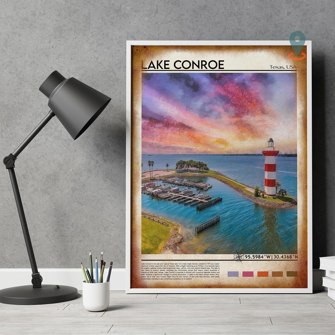Lake Conroe Texas Sunset Marina Lighthouse Oil Painting Travel Poster - Image 2