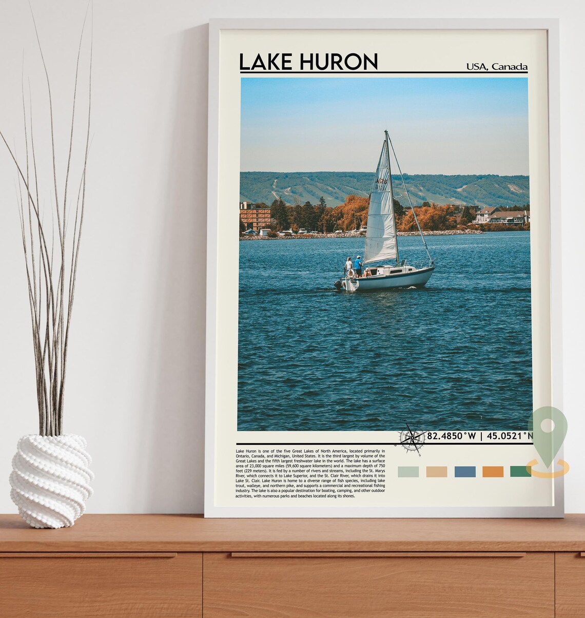 Lake Huron USA Canada Sailboat On Blue Water Lakeside Photo Poster - Image 3