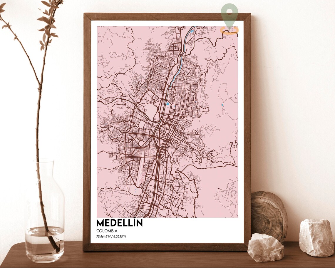 Medellin Colombia Cream Maroon Street Map Valley Modern Art Poster - Image 3