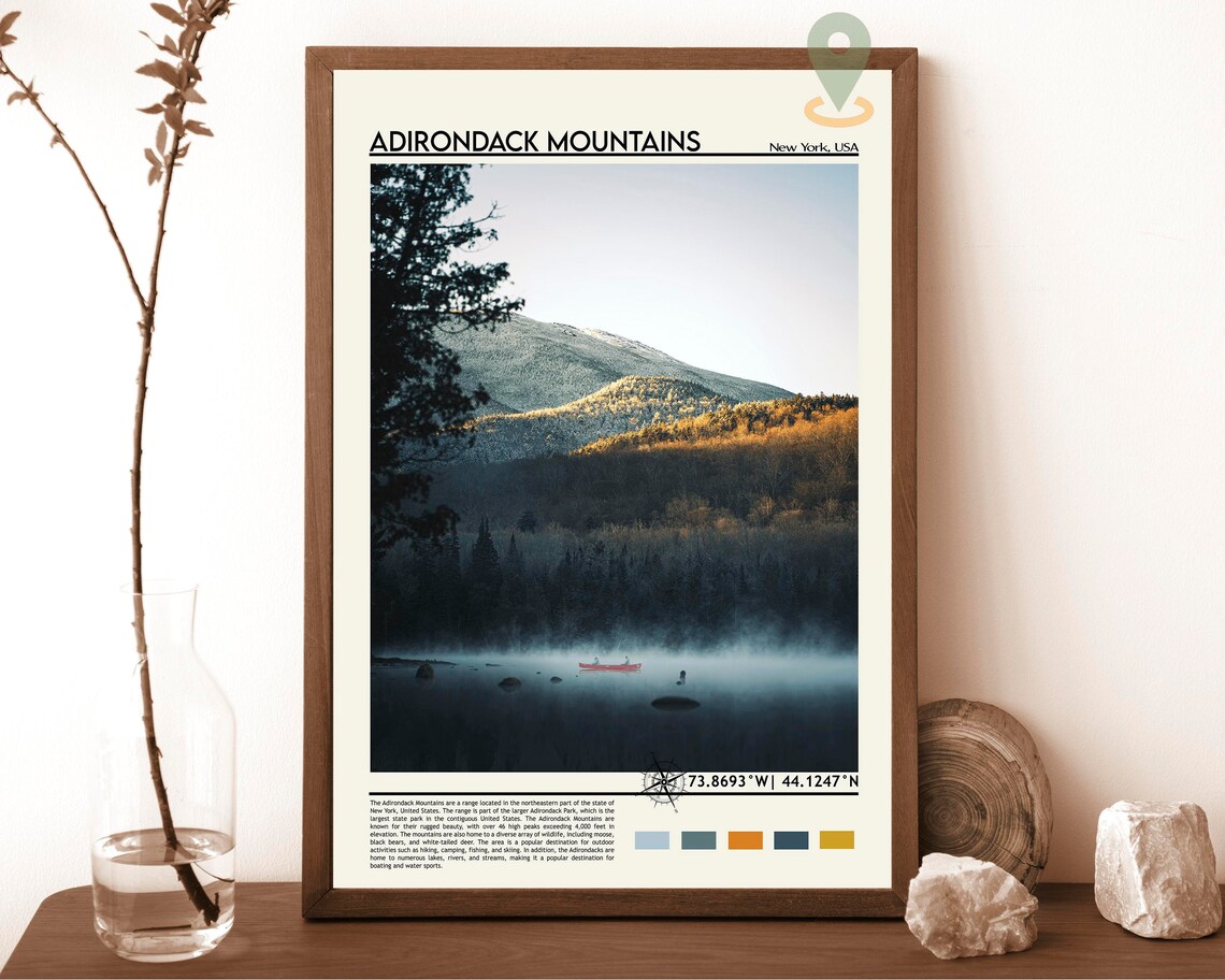 Adirondack Mountains New York Misty Lake Canoe Travel Poster
