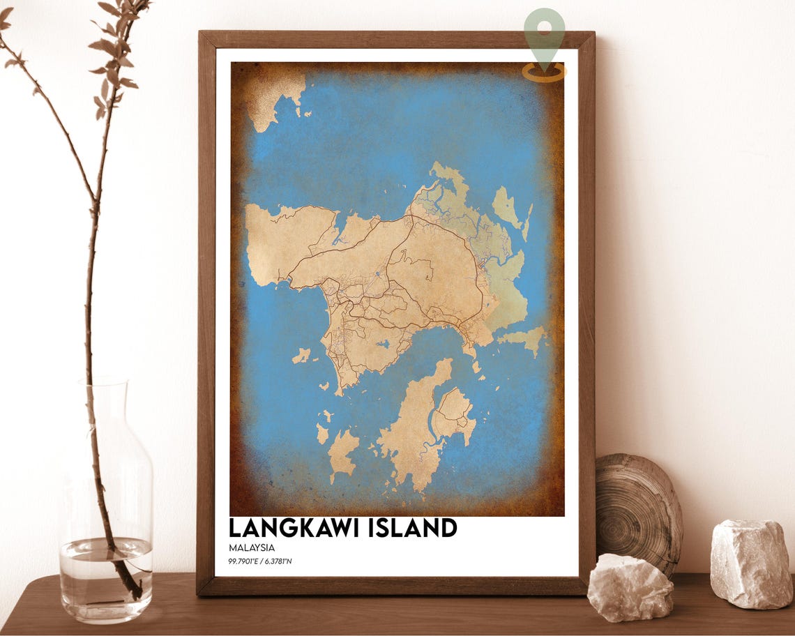 Langkawi Island Malaysia Navy Mustard Bold Island Map Poster - Image 6