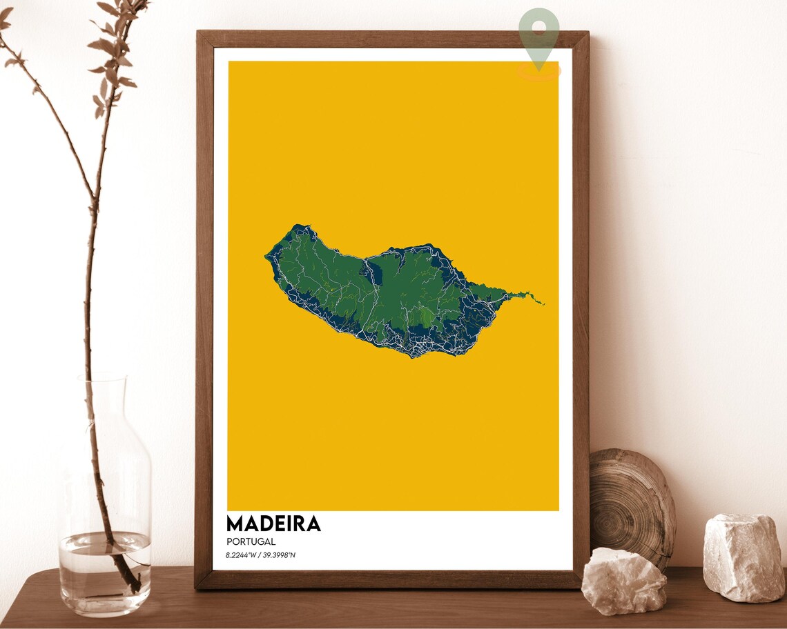 Madeira Portugal Green Island Mustard Minimalist Map Travel Poster