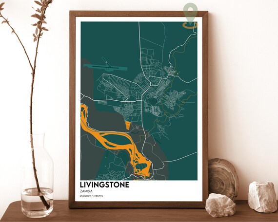 Livingstone Zambia City Street Map Dark Teal Modern African Art Poster