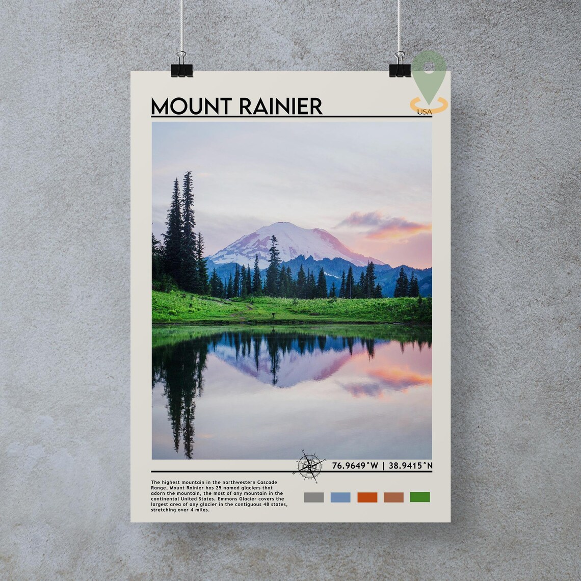 Mount Rainier USA Snow Peak Lake Reflection Wildflower Travel Poster - Image 4