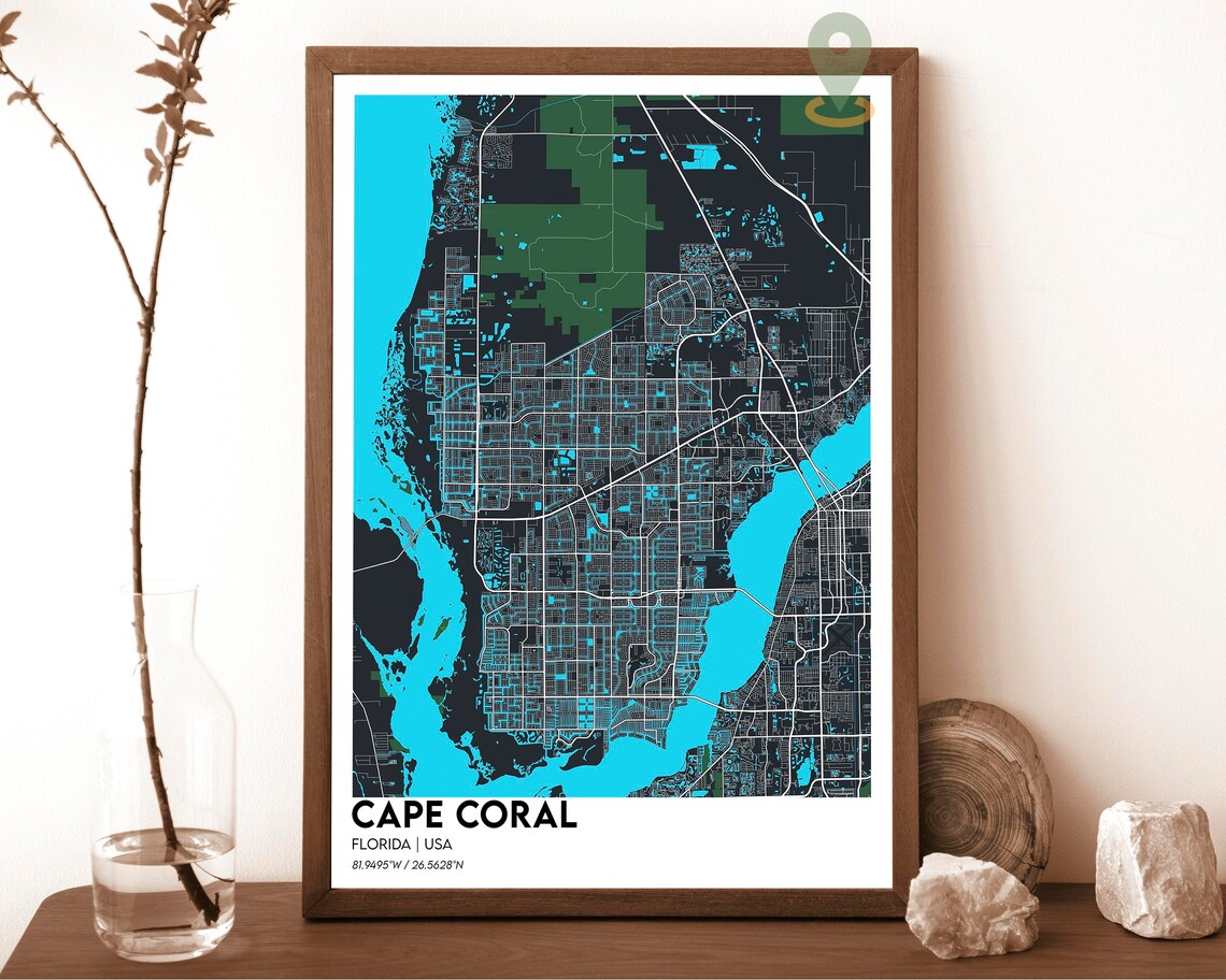 Cape Coral Florida City Map Poster Navy Yellow Coastal Art Style - Image 6