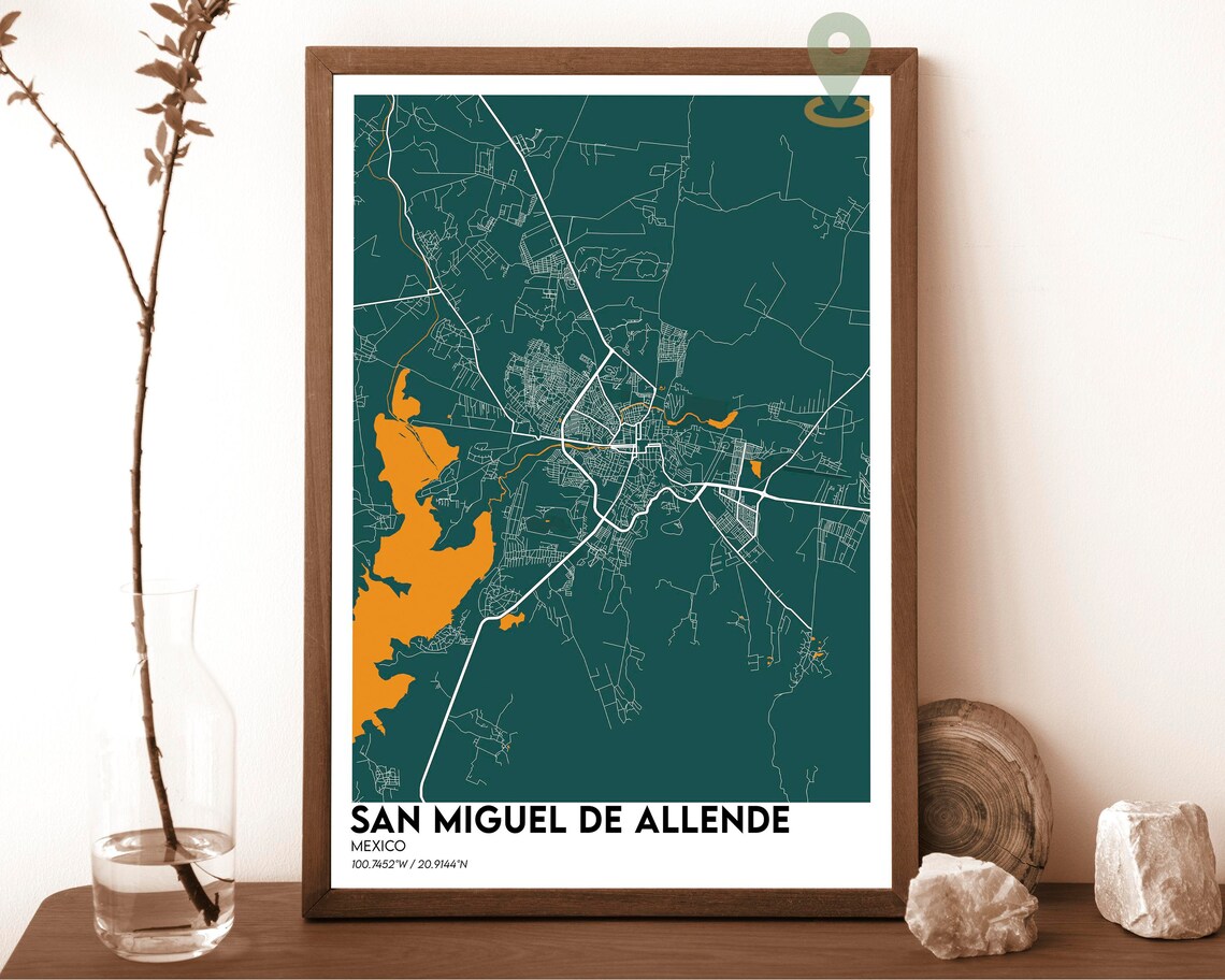 San Miguel de Allende Mexico City Map Poster Navy Gold Design - Image 4