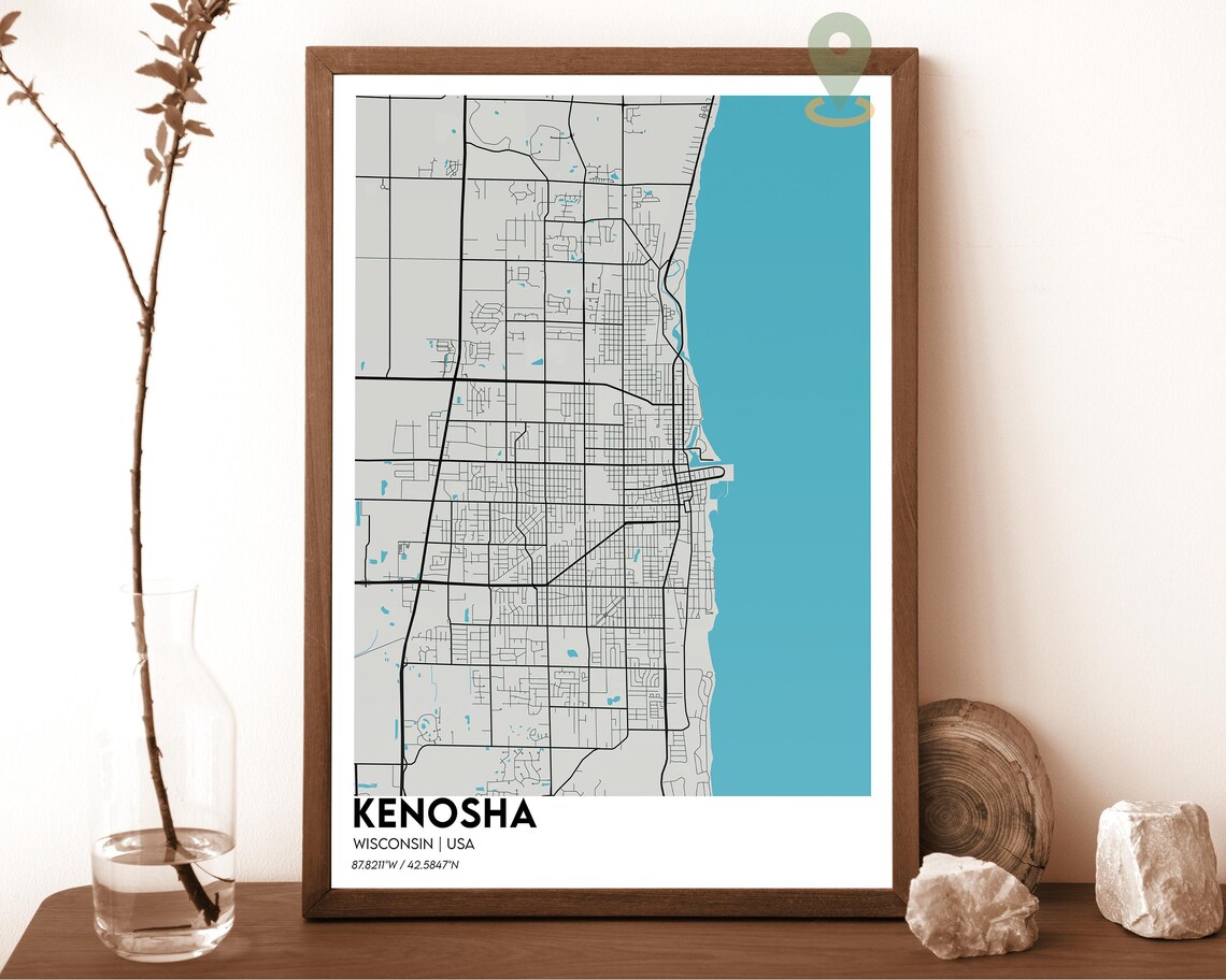 Kenosha Wisconsin Lake Michigan Dark Minimalist City Map Poster - Image 6