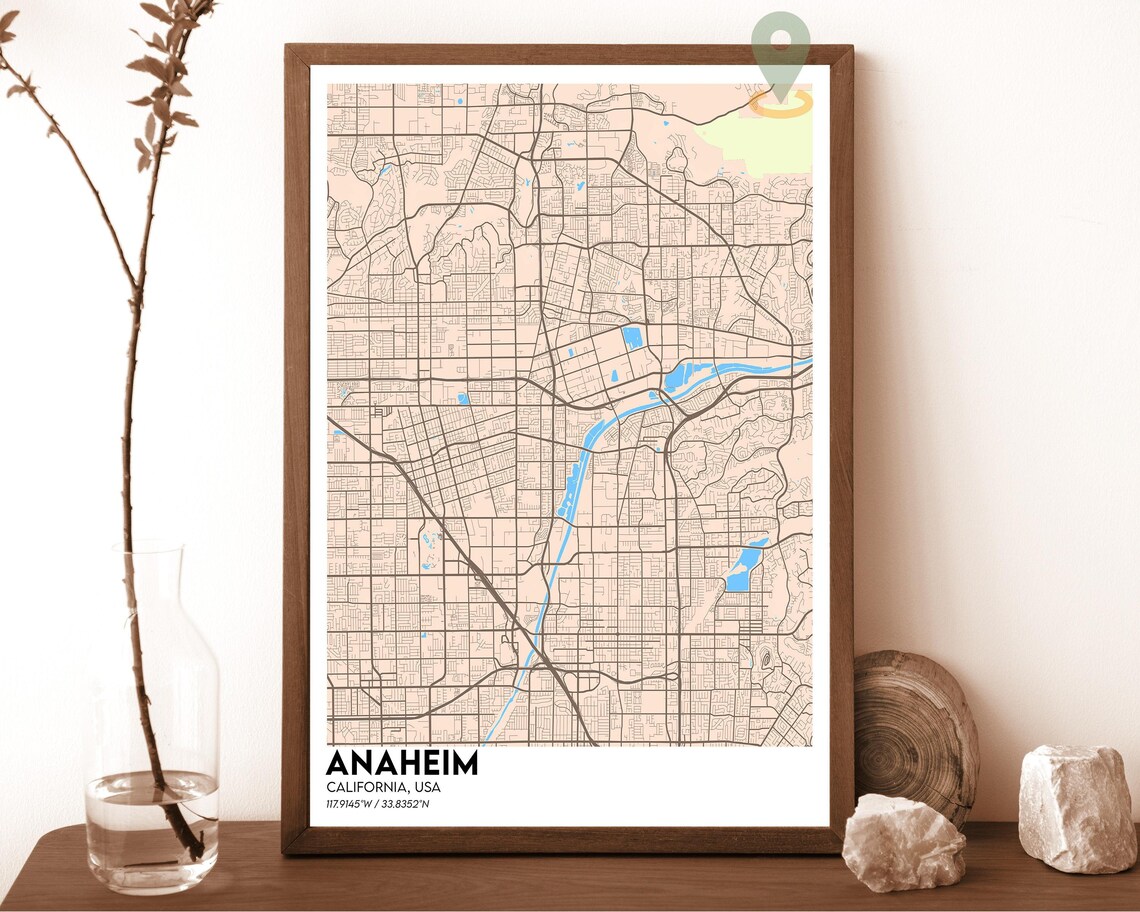 Anaheim California vintage sepia with blue river Street Map Coordinates Poster - Image 4