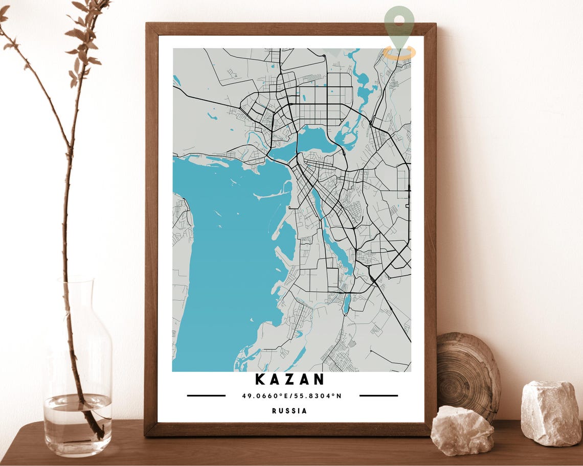 Kazan Russia City Street Map Volga River Teal Poster Decor Art - Image 3