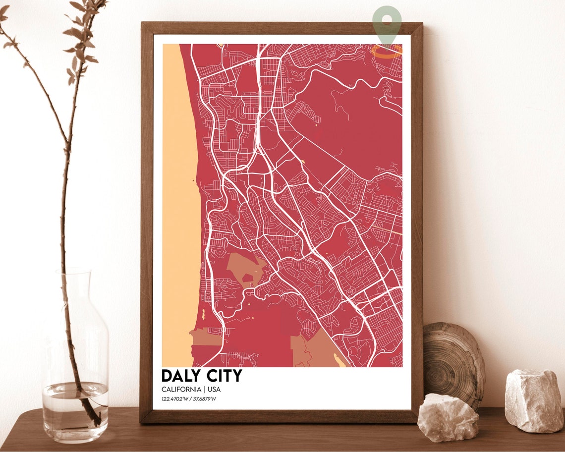 Daly City California Cream Maroon Coastal City Map Art Poster - Image 4