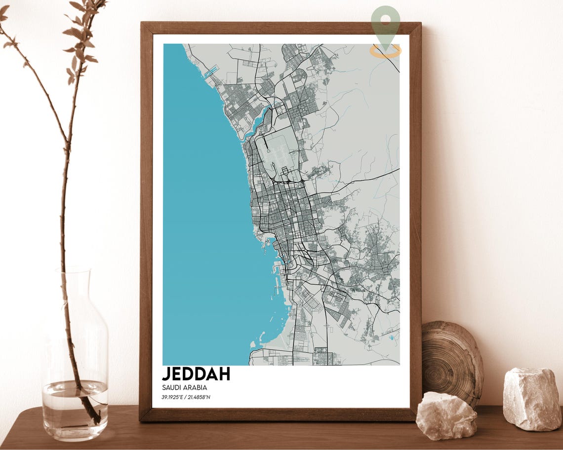 Jeddah Saudi Arabia Teal Orange Minimalist City Map Wall Art - Image 5