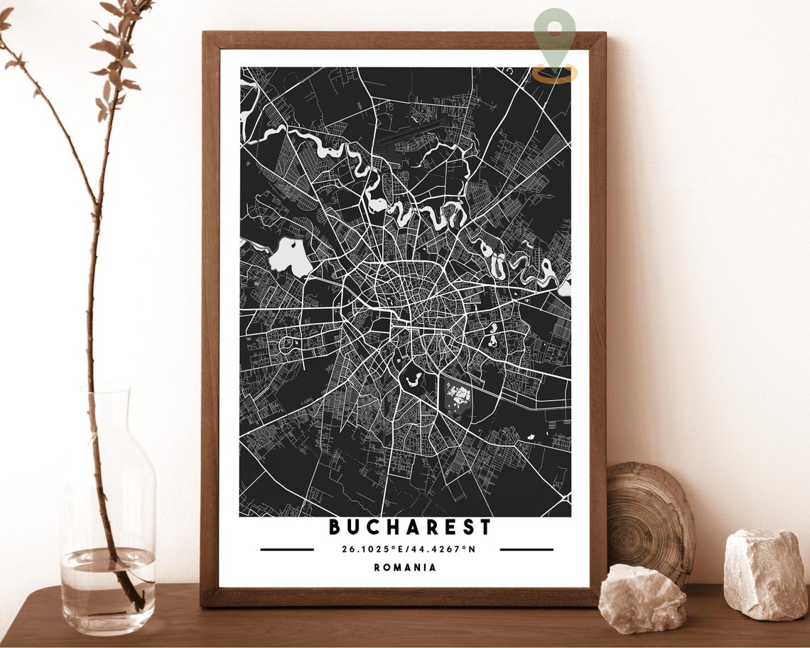 Bucharest Romania Black Street Map Coordinates Minimalist Poster