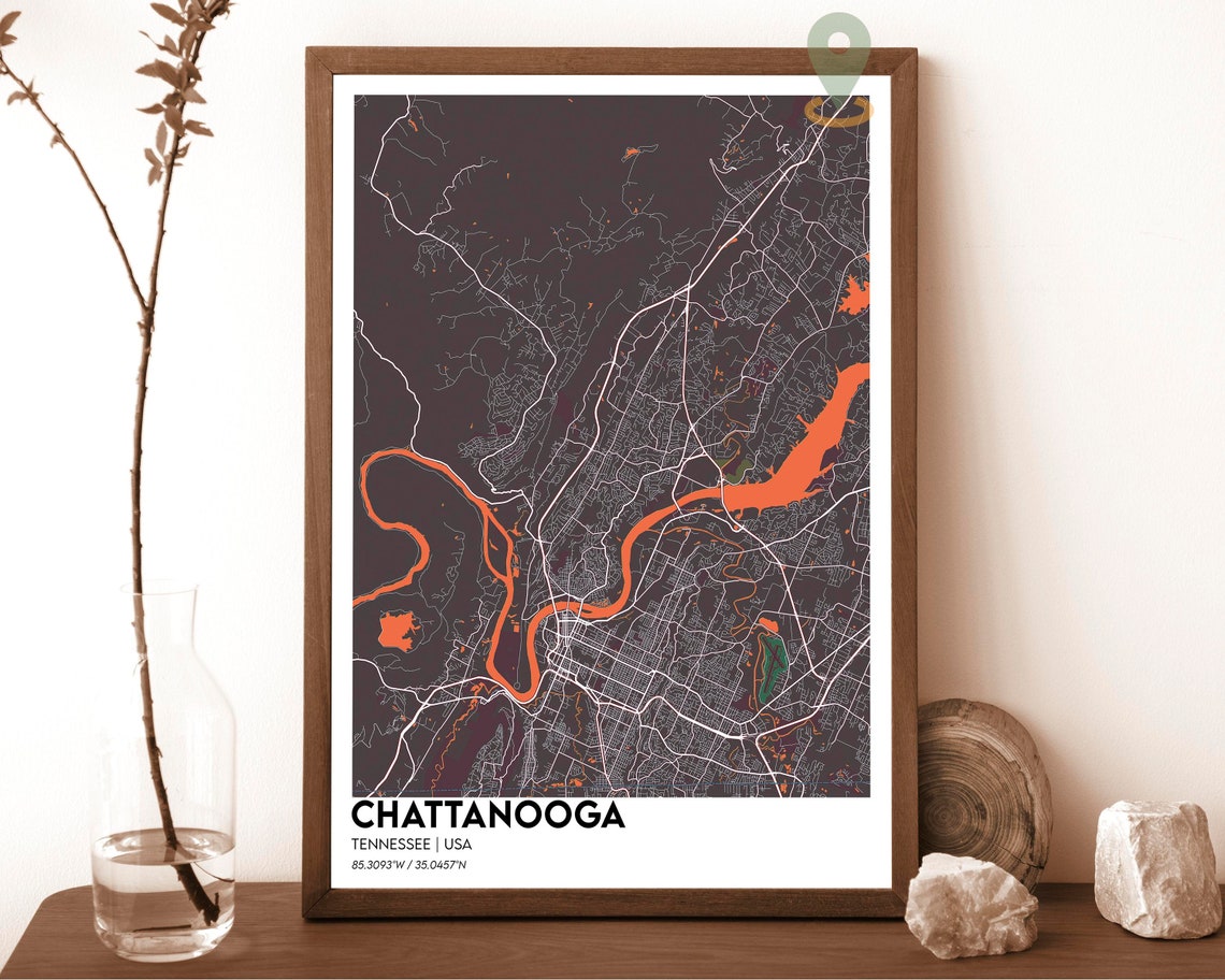 Chattanooga Tennessee Tennessee River Cyan Night City Map Art Print - Image 5
