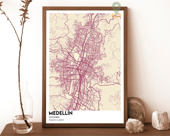 Medellin Colombia Cream Maroon Street Map Valley Modern Art Poster