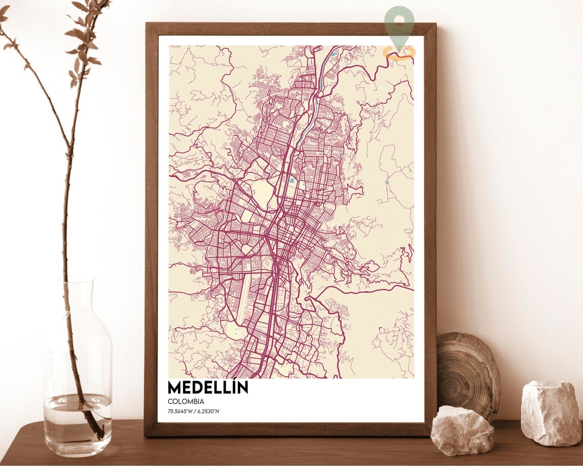 Medellin Colombia Cream Maroon Street Map Valley Modern Art Poster
