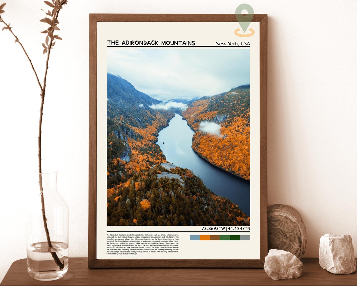 Adirondack Mountains New York Fall Foliage Lake View Travel Poster