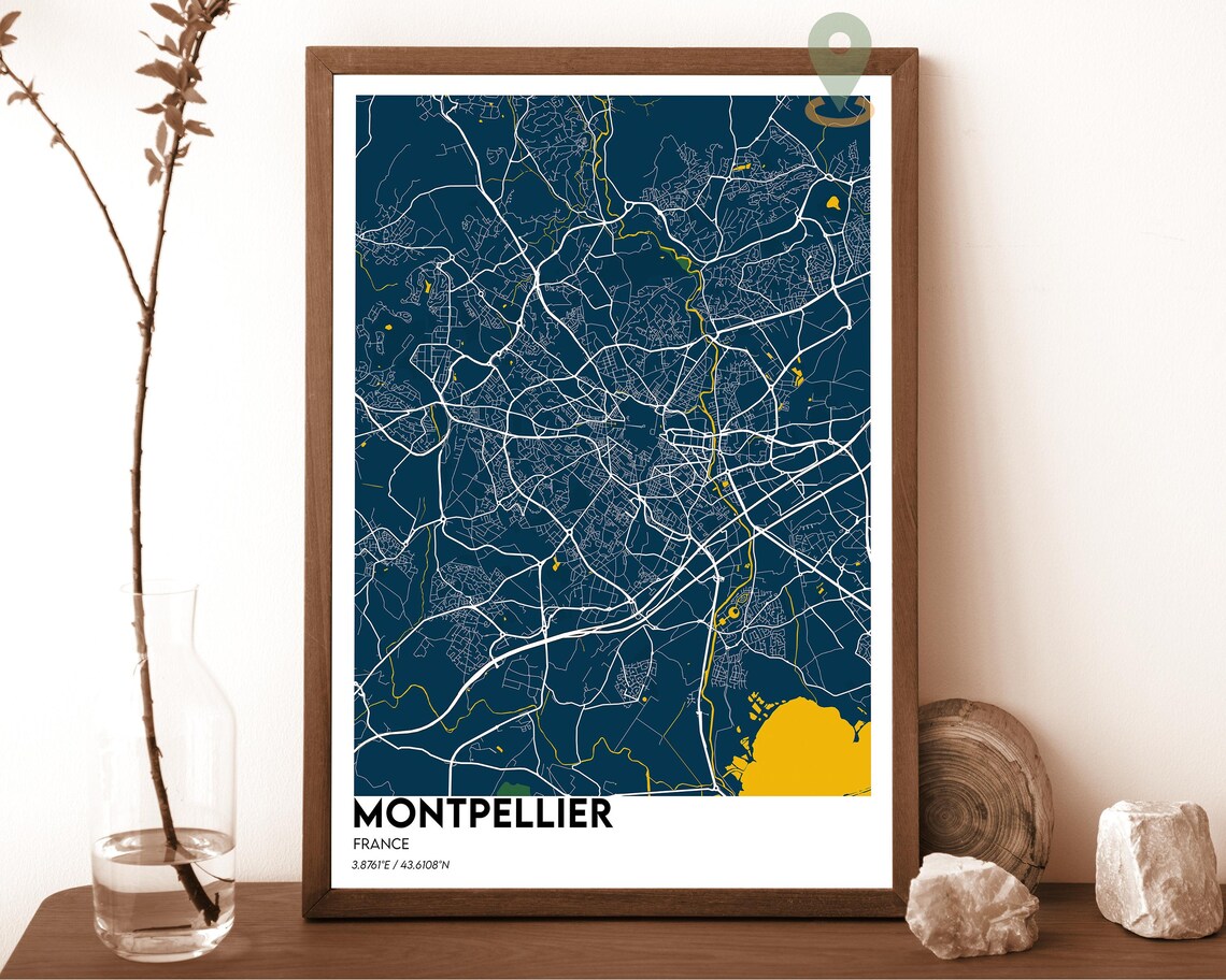 Montpellier France vintage sepia with blue water Street Map Coordinates Poster - Image 6
