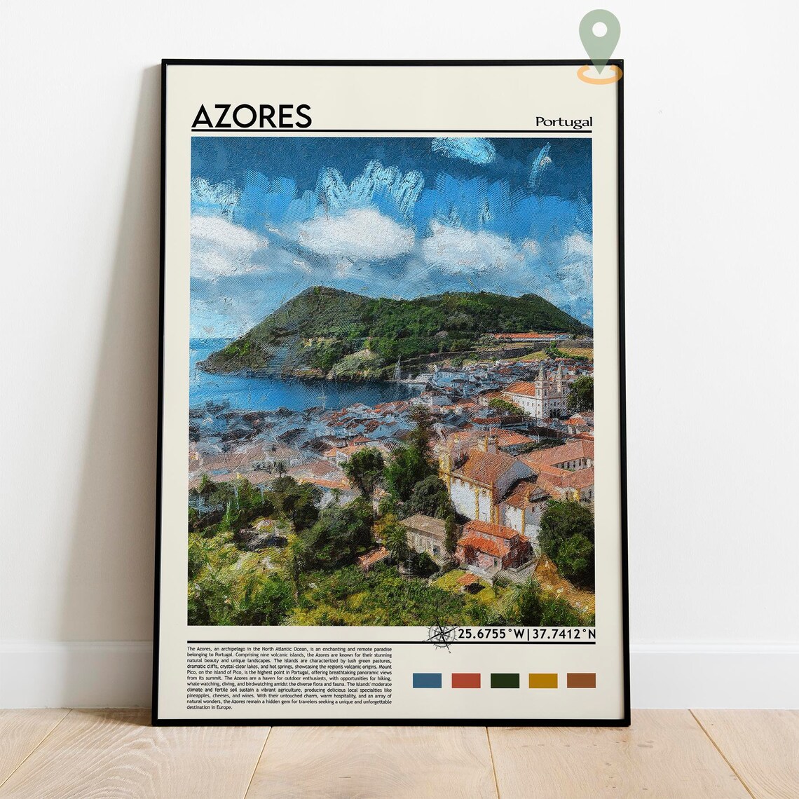 Azores Portugal Atlantic Island Harbor Town Green Hills Travel Poster - Image 2