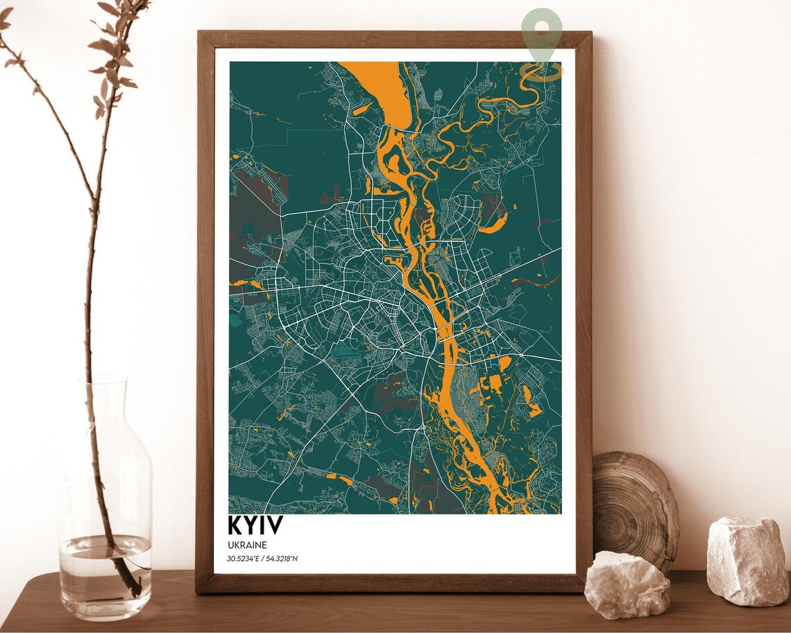 Kyiv Ukraine Dark Dnipro River Cyan Minimalist City Map Poster - Image 4