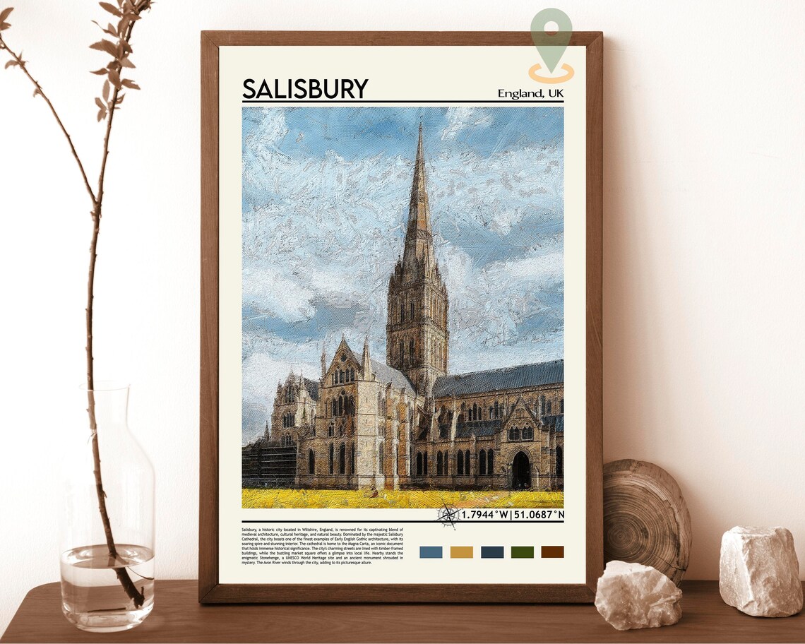 Salisbury England Cathedral Gothic Spire Painting Travel Poster