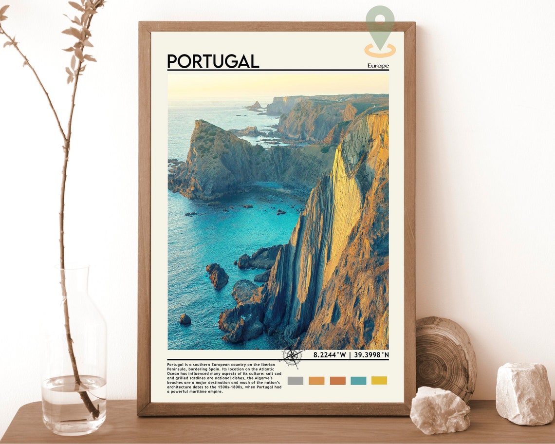 Portugal Golden Sea Cliffs Atlantic Coast Sunset Travel Poster