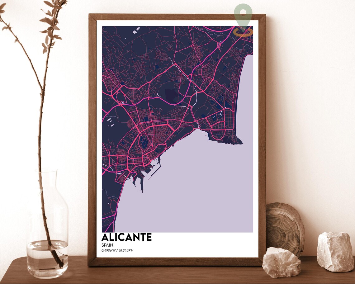 Alicante Spain dark navy with pink street lines Street Map Coordinates Poster