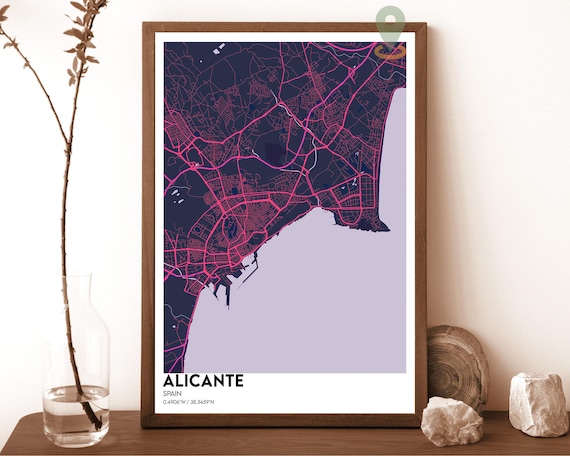 Alicante Spain dark navy with pink street lines Street Map Coordinates Poster