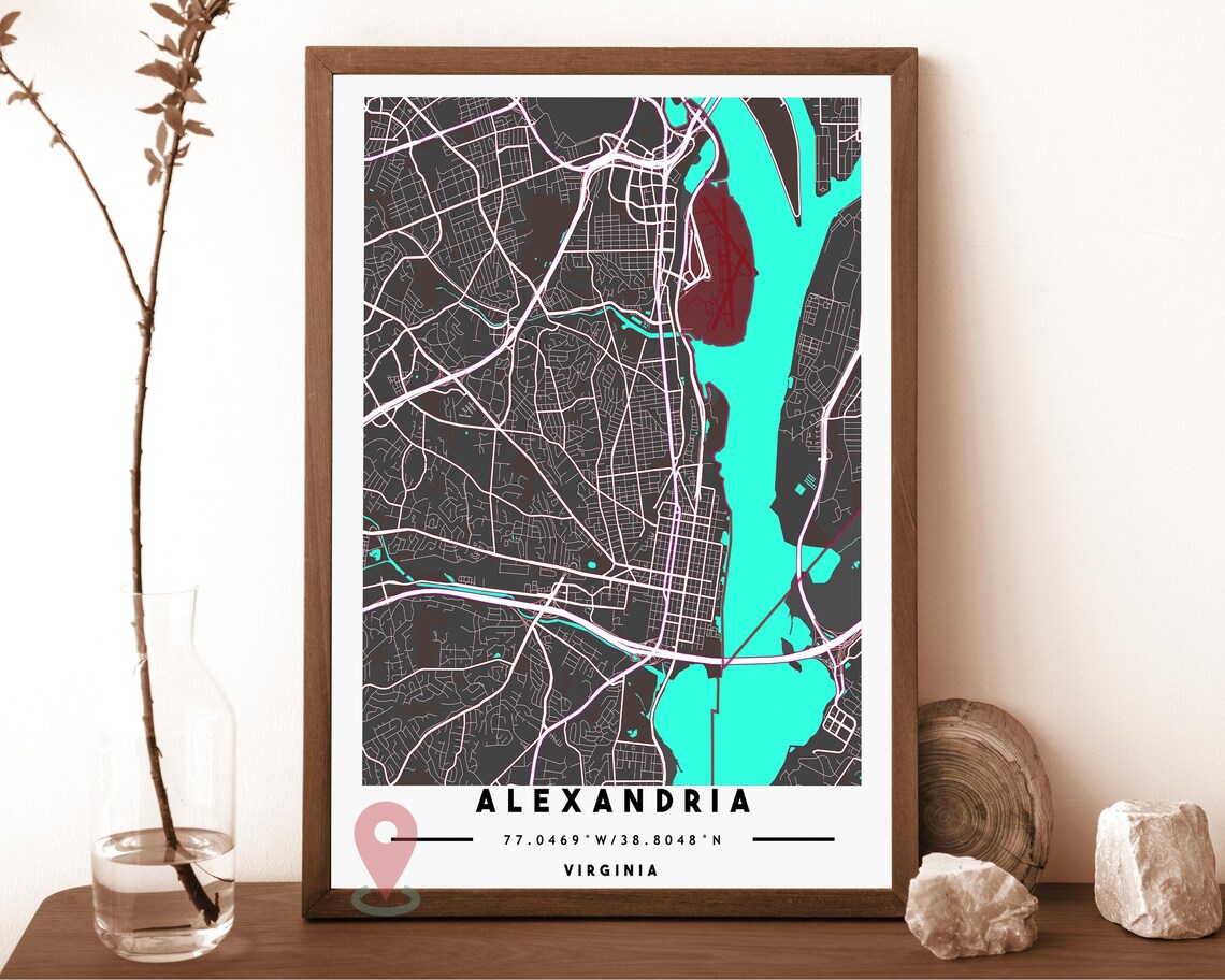 Alexandria Virginia charcoal with an orange river Street Map Coordinates Poster - Image 5