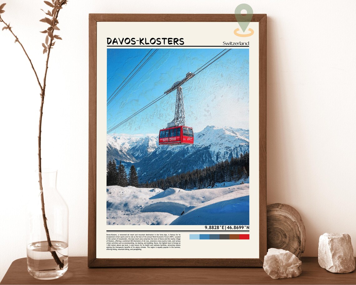 Davos Klosters Switzerland Red Gondola Alpine Snow Mountain Poster