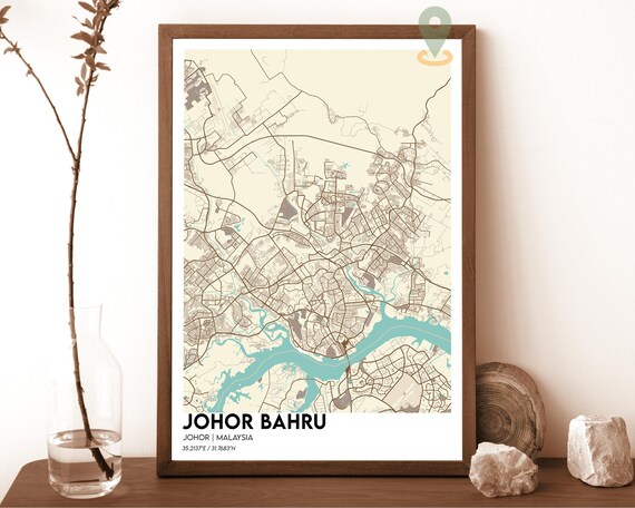 Johor Bahru Malaysia Cream Teal Minimalist City Map Wall Art