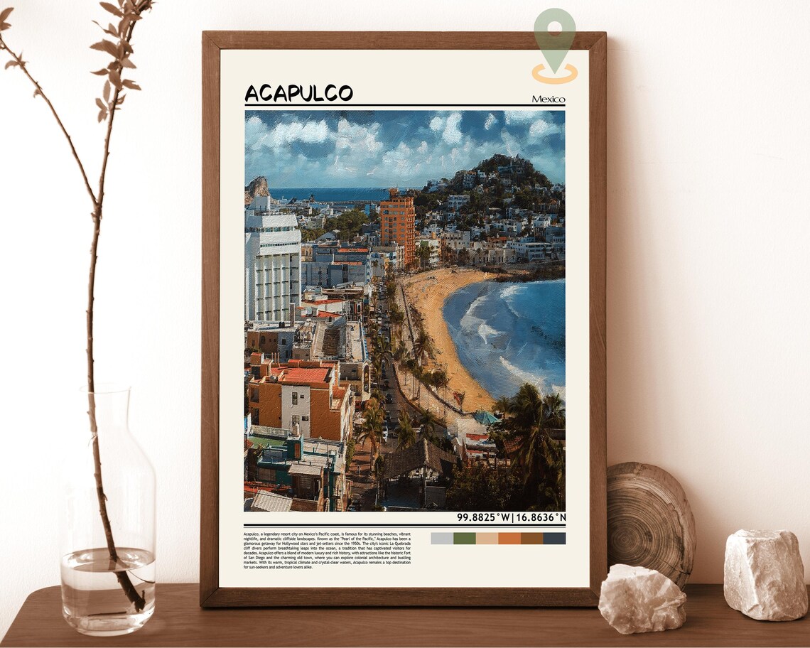 Acapulco Mexico Painted Beach Bay Cityscape Vintage Travel Poster