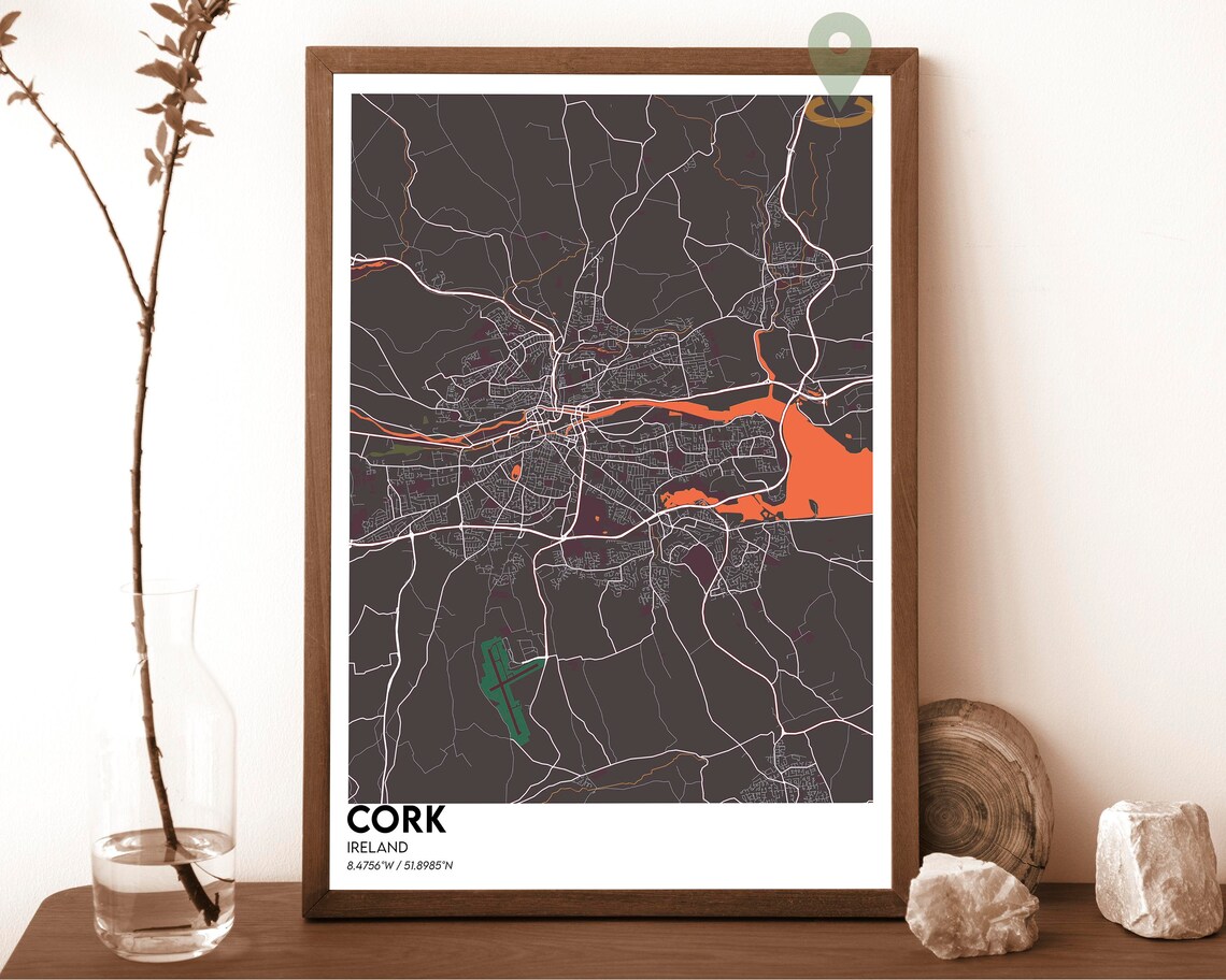 Cork Ireland City Street Map Modern Dark Art Print for Irish Wall Decor