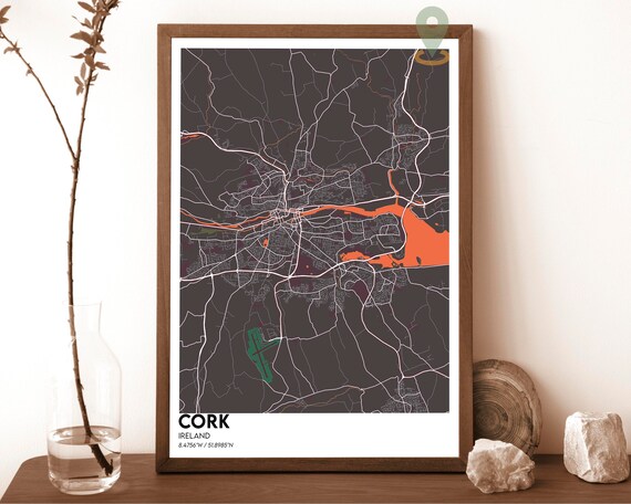 Cork Ireland City Street Map Modern Dark Art Print for Irish Wall Decor