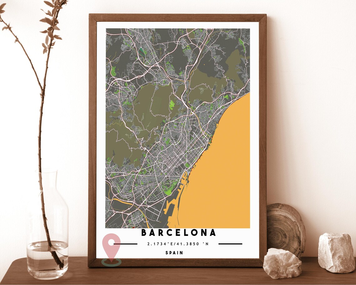 Barcelona Spain navy and green with a gold coast Street Map Coordinates Poster - Image 5